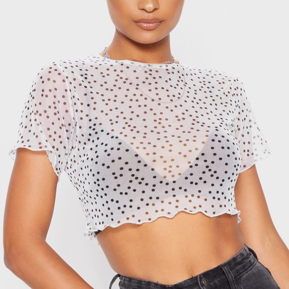PLT White Polkadot Hem Mesh Crop Top - Picture 1 of 6
